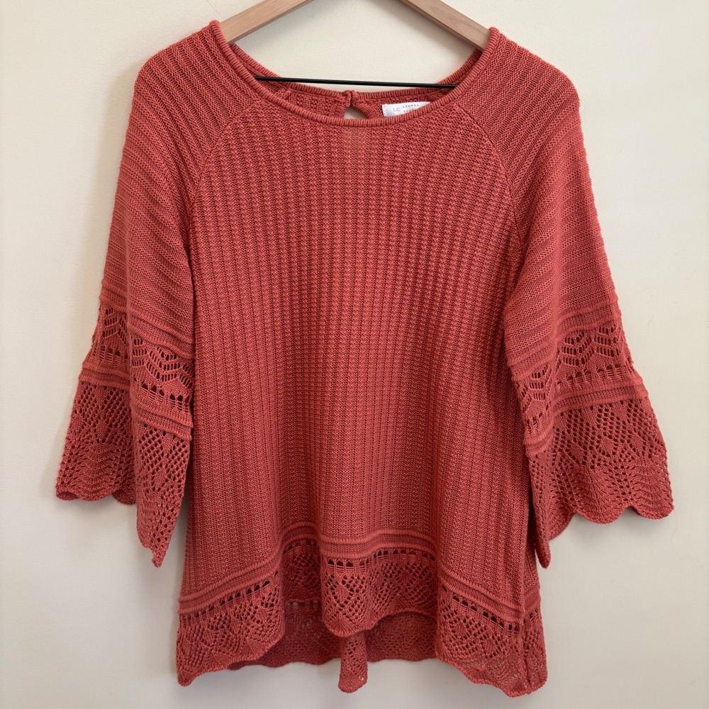 LC Lauren Conrad Coral Pink Crochet Trim Bell Sleeve Knit Sweater Large